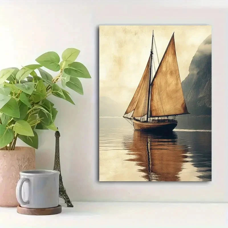 Beautiful Nautical Painting with Sepia Tones 40x60cm Metal Print Ready to Hang