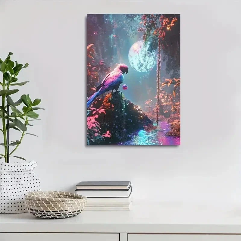 Cyberpunk Parrot in Magical Forest with Rain Painting 40x60cm Metal Print Ready to Hang