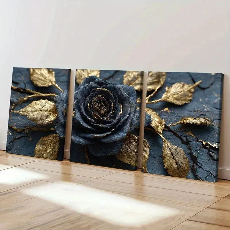 3pcs Black Rose Golden Leaves Art   Wall Art Set Canvas Framed 50x70cm - High Quality Print 100% Australian Made Wall Canvas Ready to Hang - Bella Home Decor