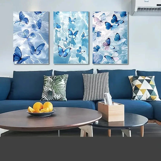 3pcs Vibrant Blue Butterfly Water Reflections Framed Wall Art Set Canvas Framed 50x70cm - High Quality Print 100% Australian Made Wall Canvas Ready to Hang