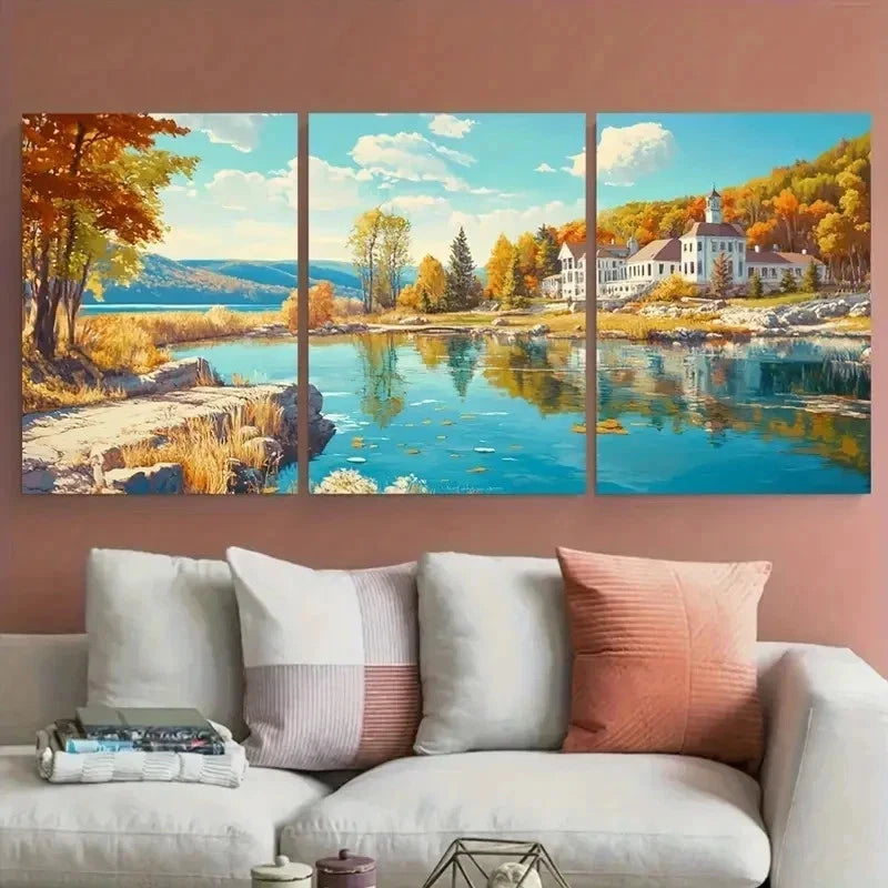3pcs Vibrant Autumn Scenery Lake Mansion Perfect Wall Art Set Canvas Framed 40x60cm - High Quality Print 100% Australian Made Wall Canvas Ready to Hang