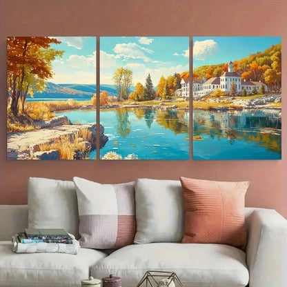 3pcs Vibrant Autumn Scenery Lake Mansion Perfect Wall Art Set Canvas Framed 40x60cm - High Quality Print 100% Australian Made Wall Canvas Ready to Hang