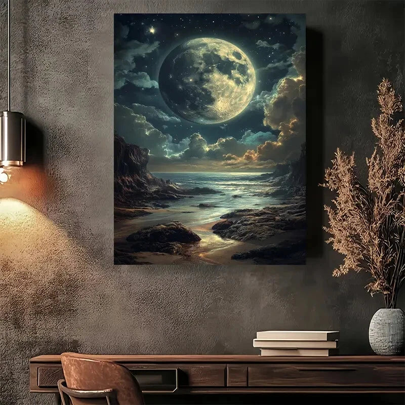 Beautiful Moonlit Ocean Dreamscape Painting 40x60cm Metal Print Ready to Hang - Bella Home Decor