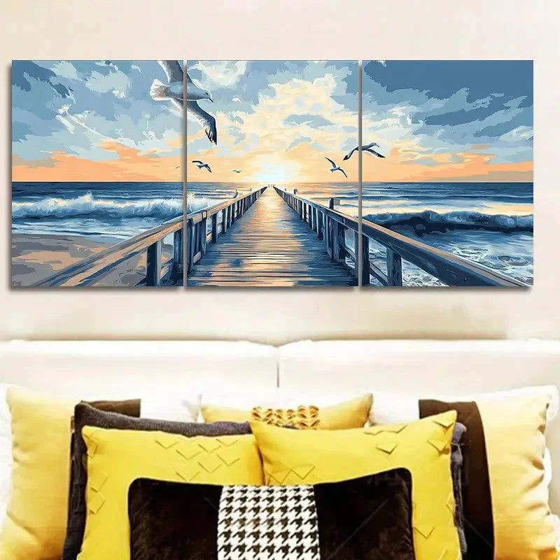 3pcs Seagulls Harbor Sunset Wall Art Set Canvas Framed 50x70cm - High Quality Print 100% Australian Made Wall Canvas Ready to Hang
