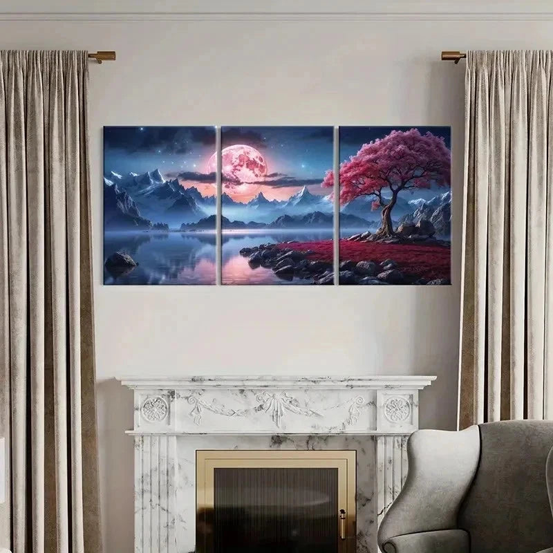 3pcs Red Moon Tree Mountains & Lake Wall Art Set Canvas Framed 50x70cm - High Quality Print 100% Australian Made Wall Canvas Ready to Hang - Bella Home Decor