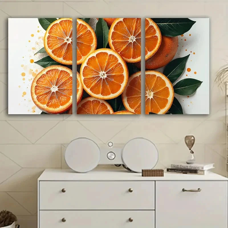 3pcs Orange Slices With Green Leaves Wall Art Set Canvas Framed 50x70cm - High Quality Print 100% Australian Made Wall Canvas Ready to Hang