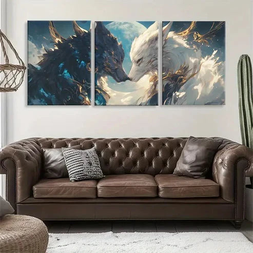 3pcs Mystical Wolf Face-Off with Moon Wall Art Canvas Unframed - High Quality Print 100% Australian Made Wall Canvas