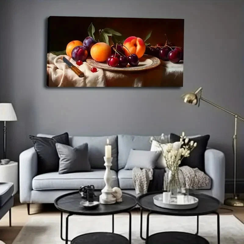 Cherries & Grapes Wooden Plate Wall Art Canvas Office Home Room Framed 120x60cm