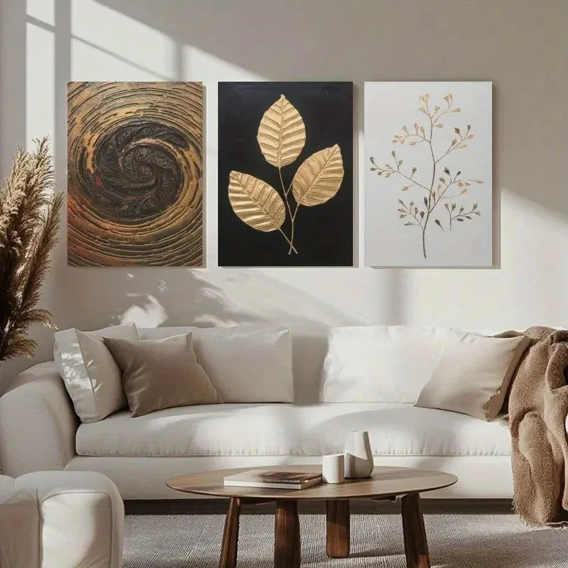3pcs A Triptych Featuring Golden Patterns Metal Print Ready to Hang Art - Bella Home Decor