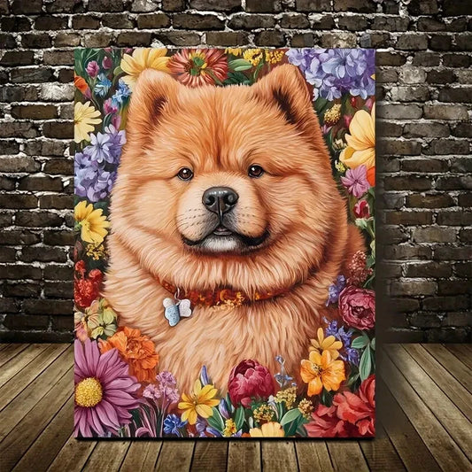 Cute Chow Chow Dog with Vibrant Floral Painting 40x60cm Metal Print Ready to Hang - Bella Home Decor