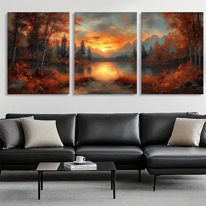3pcs Sunset Lake Autumn Forest Landscape Wall Art Set Canvas Framed 50x70cm - High Quality Print 100% Australian Made Wall Canvas Ready to Hang
