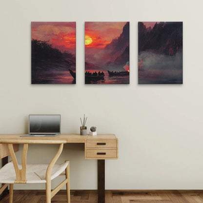 3pcs Classical Sunset River Boats Painting Wall Art Set Canvas Framed 50x70cm - High Quality Print 100% Australian Made Wall Canvas Ready to Hang