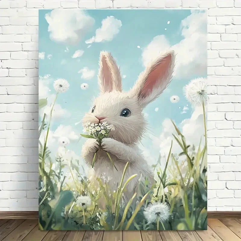 Beautiful Fluffy Bunny In Dandelion Field Painting 40x60cm Metal Print Ready to Hang - Bella Home Decor
