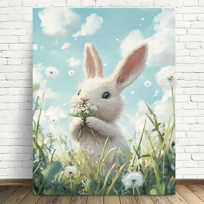 Beautiful Fluffy Bunny In Dandelion Field Painting 40x60cm Metal Print Ready to Hang - Bella Home Decor