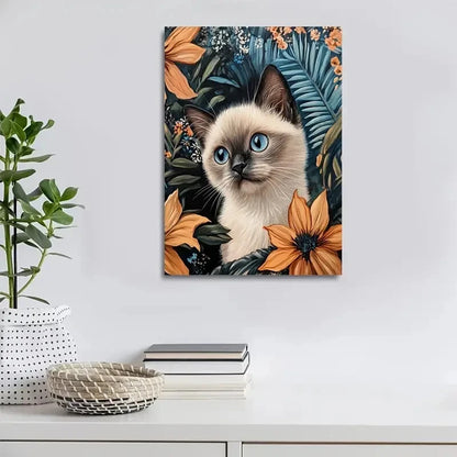 Cute Siamese Kitten with Vibrant Flowers Painting  40x60cm Metal Print Ready to Hang