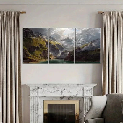 3pcs Mountain Valley with Mystical Castle Wall Art Set Canvas Framed 50x70cm - High Quality Print 100% Australian Made Wall Canvas Ready to Hang