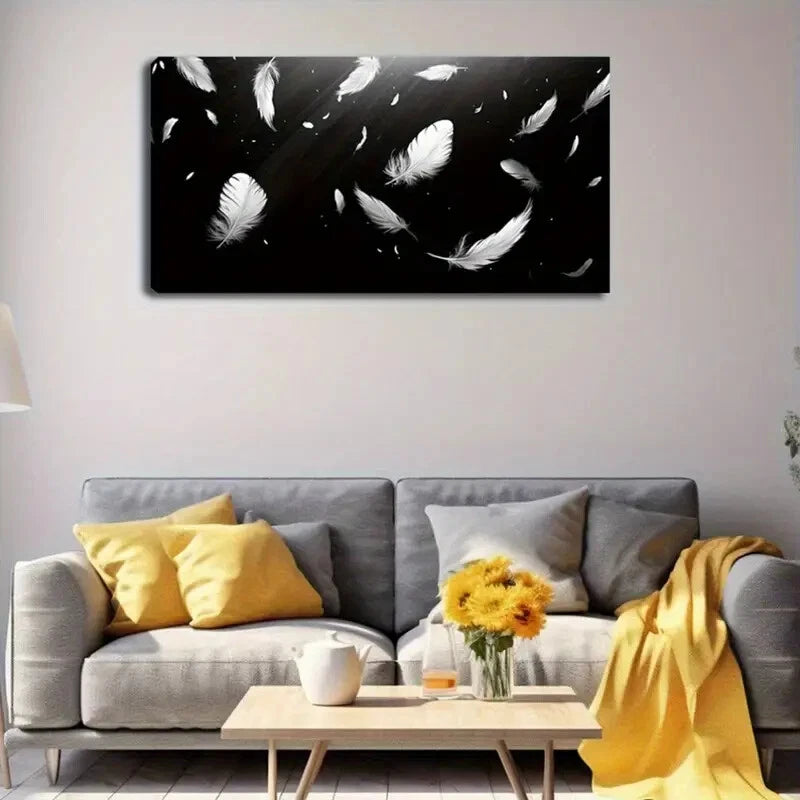 Elegant White Feathers Black Wall Art Canvas Office Home Room Framed 120x60cm - Bella Home Decor