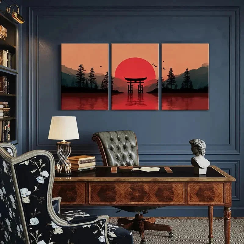 3pcs Sunset Torii Gate Silhouette Mountain Lands Metal Print Ready to Hang Art - Bella Home Decor