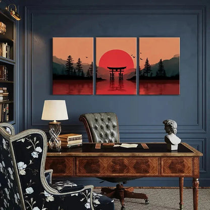 3pcs Sunset Torii Gate Silhouette Mountain Lands Metal Print Ready to Hang Art - Bella Home Decor