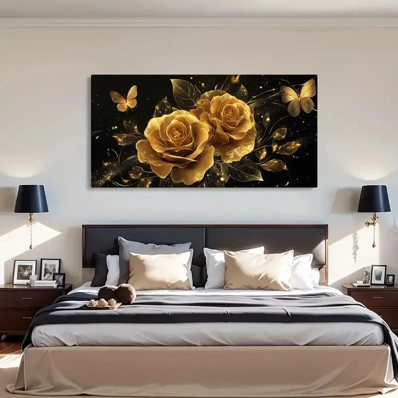Butterfly Rose Abstract Golden Wall Art Canvas Office Home Room Framed 120x60cm