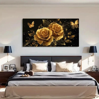 Butterfly Rose Abstract Golden Wall Art Canvas Office Home Room Framed 120x60cm