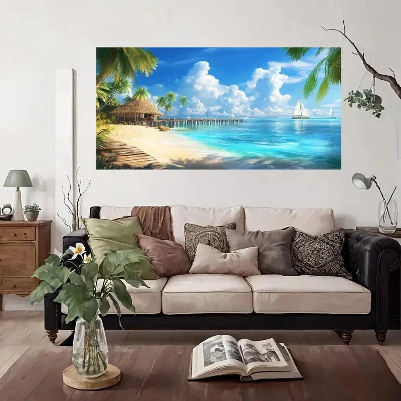 Tropical Beach Trees Overwater Wall Art Canvas Office Home Room Framed 120x60cm