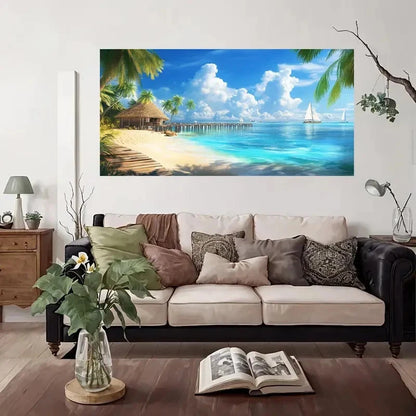 Tropical Beach Trees Overwater Wall Art Canvas Office Home Room Framed 120x60cm