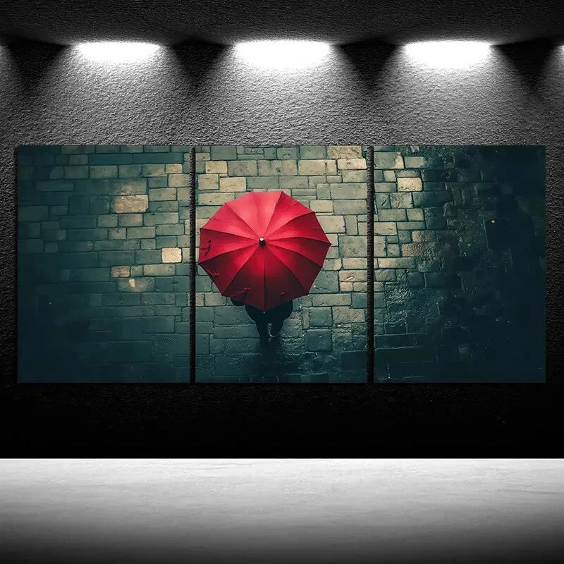 3pcs People With Red Umbrellas on Rainy Streets Metal Print Ready to Hang Art - Bella Home Decor