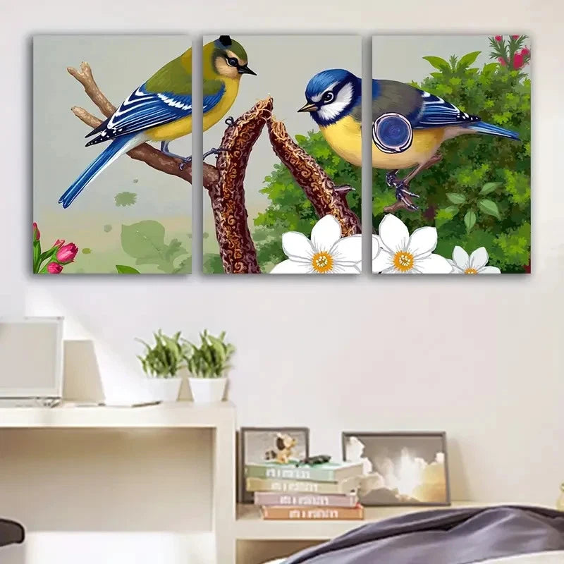 3pcs Blue Birds on Flowered Branches Art Wall Art Set Canvas Framed 60x90cm - High Quality Print 100% Australian Made Wall Canvas Ready to Hang - Bella Home Decor