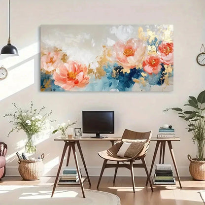 Peonies Golden Accents Pink Wall Art Canvas Office Home Room Framed 120x60cm - Bella Home Decor