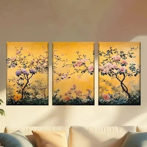 3pcs Painting of Flowers on a Yellow Background Wall Art Set Canvas Framed 50x70cm - High Quality Print 100% Australian Made Wall Canvas Ready to Hang