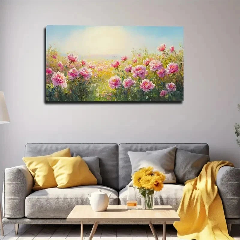Vibrant Meadow With Pink Wall Art canvas office home room framed 120x60cm