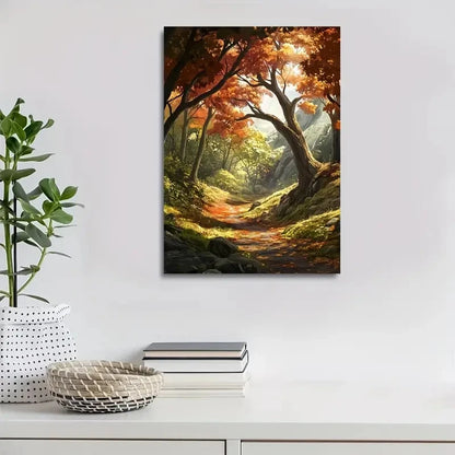 Forest Scene with Sunlit Canopy & Autumnal Foliage 40x60cm Metal Print Ready to Hang - Bella Home Decor