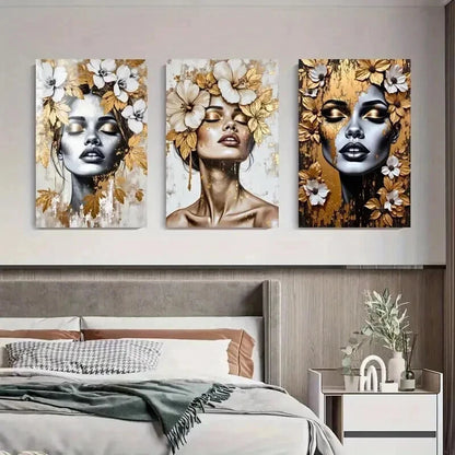 3pcs Golden And White Accent Women Décor Perfect Wall Art Set Canvas Framed 50x70cm - High Quality Print 100% Australian Made Wall Canvas Ready to Hang - Bella Home Decor