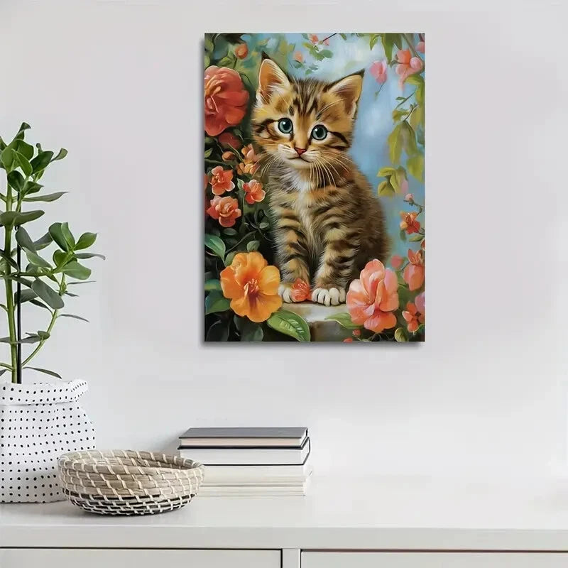 Cute Bengal Kitten with Vibrant Flowers Painting 40x60cm Metal Print Ready to Hang