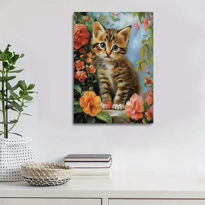 Cute Bengal Kitten with Vibrant Flowers Painting 40x60cm Metal Print Ready to Hang