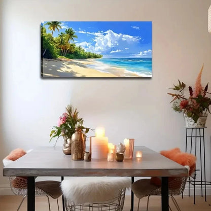 Tropical Ocean View with Palm Wall Art canvas office home room framed 120x60cm