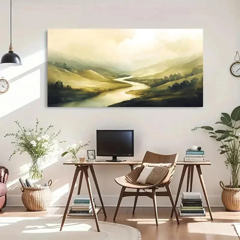 Serene River & Misty Hills Wall Art Canvas Office Home Room Framed 120x60cm