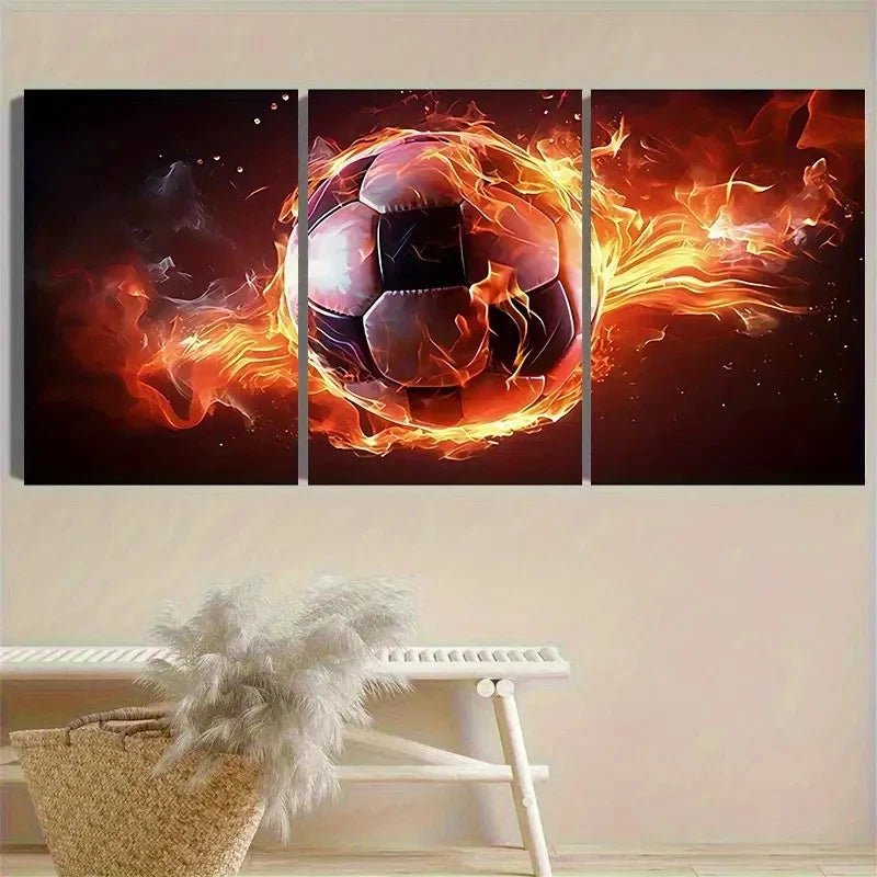 3pcs Fiery Soccer Ball Artwork Wall Art Set Canvas Framed 40x60cm - High Quality Print 100% Australian Made Wall Canvas Ready to Hang