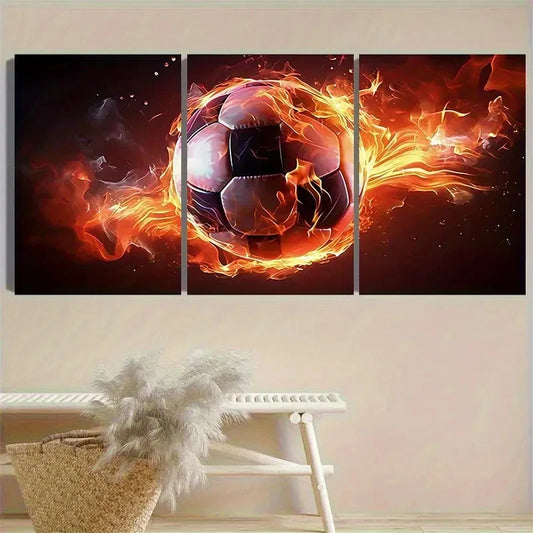 3pcs Fiery Soccer Ball Artwork Wall Art Set Canvas Framed 40x60cm - High Quality Print 100% Australian Made Wall Canvas Ready to Hang