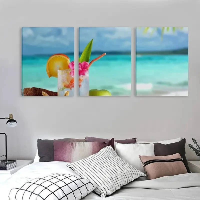3pcs Australian Turquoise Ocean & Palm Tree   Wall Art Set Canvas Framed 50x70cm - High Quality Print 100% Australian Made Wall Canvas Ready to Hang - Bella Home Decor