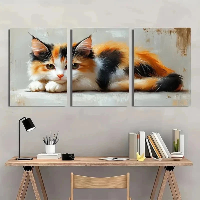 3pcs Calico Cat Oil Animals Perfect Wall Art Set Canvas Framed 50x70cm - High Quality Print 100% Australian Made Wall Canvas Ready to Hang - Bella Home Decor