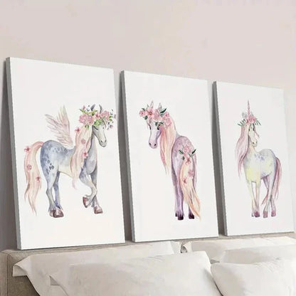 3pcs Pink Floral Unicorn Portrait Wall Art Canvas Unframed - High Quality Print 100% Australian Made Wall Canvas