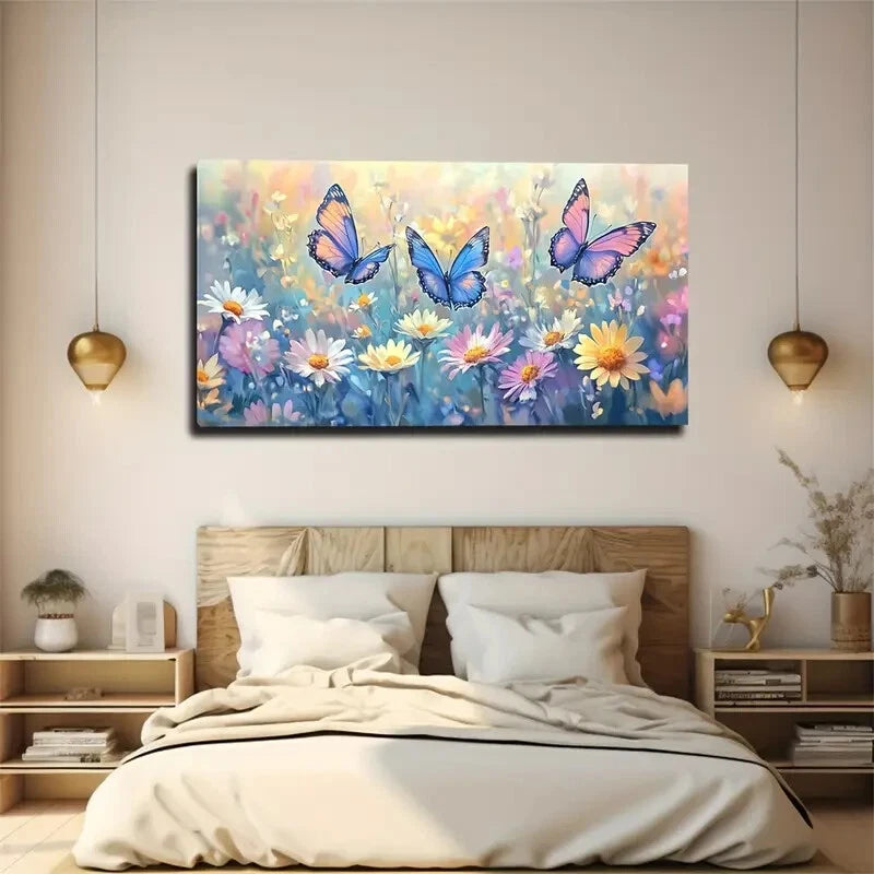 Butterfly Flower Field Décor Wall Art Canvas Office Home Room Framed 120x60cm - Bella Home Decor