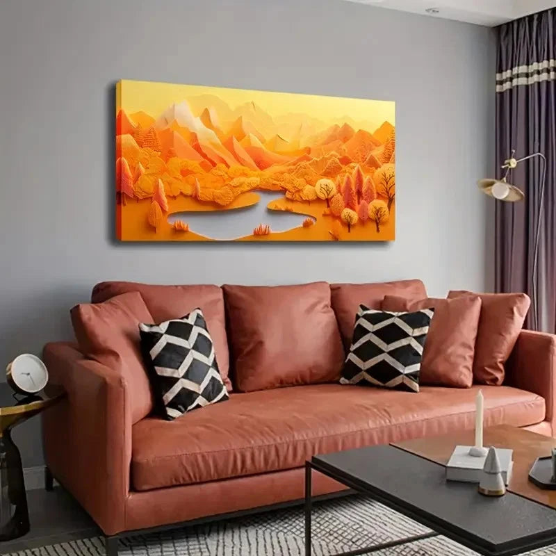 Vibrant Autumn Landscape Orange Wall Art Canvas Office Home Room Framed 120x60cm