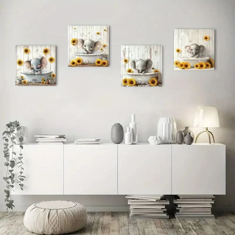 4pcs Elephants & Sunflowers in Bathtub Wall Art Canvas Framed