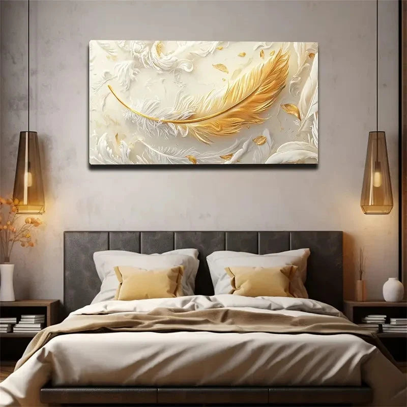 Golden Feather Abstract Wall Art canvas office home room framed 120x60cm - Bella Home Decor