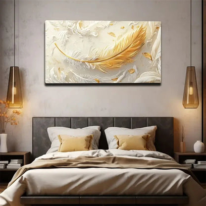 Golden Feather Abstract Wall Art canvas office home room framed 120x60cm - Bella Home Decor