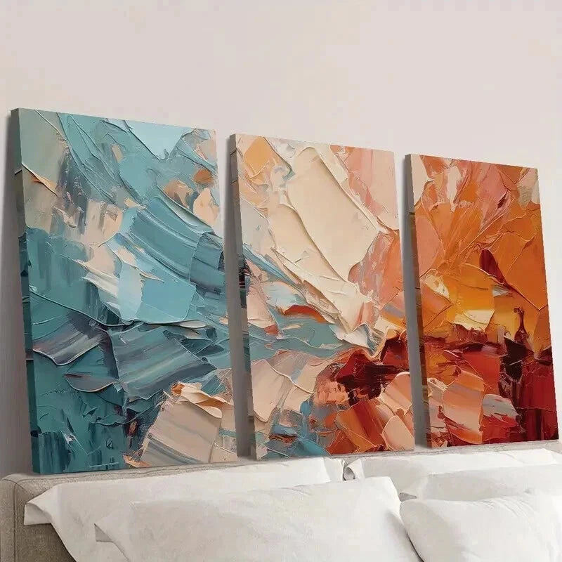 3pcs Vintage Red Blue Cream Oil Painting Wall Art Set Canvas Framed 50x70cm - High Quality Print 100% Australian Made Wall Canvas Ready to Hang