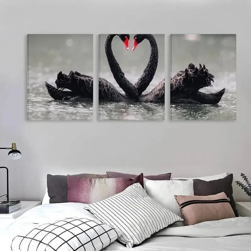 3pcs Two Black Swans in the Water Decoration    Wall Art Set Canvas Framed 60x90cm - High Quality Print 100% Australian Made Wall Canvas Ready to Hang - Bella Home Decor